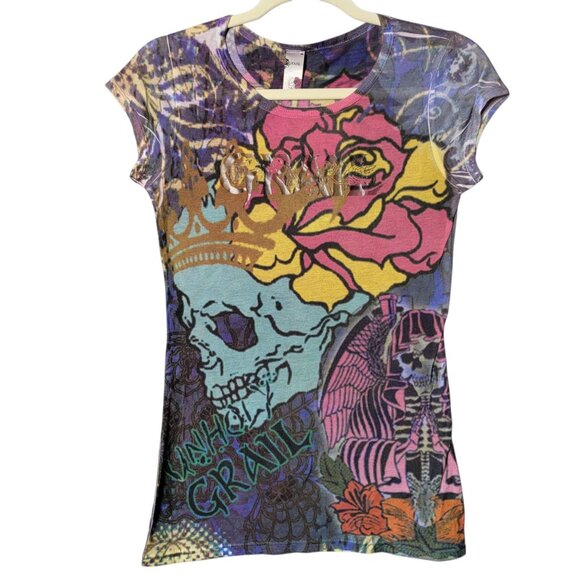 Grail Womens Y2K Multicolor Tattoo Style Skull Grunge Goth Short Sleeve Top M - Picture 1 of 10